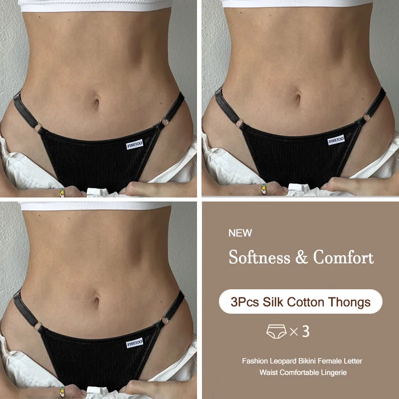 3PCS Women's Panties Cotton Thongs Adjustable Waist Sexy G-String Solid Color Seamless Intimate Female Underpants Lingerie S-XL