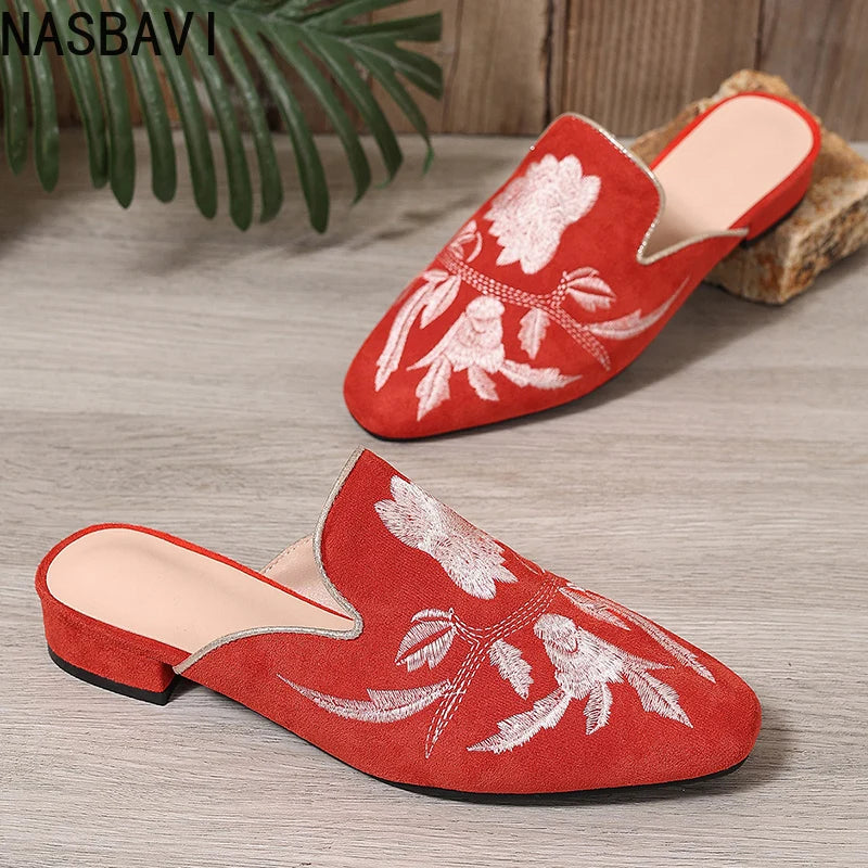 NASBAVI Fashion 3d Embroidery Mules Women Fur Slippers Velvet Shoes Ladies Low Heel Flower Decoration Sandals Women's Flip Flops