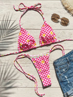 3D Flowers Halter Plaid Bikini Women Swimsuit Female Swimwear Two Pieces Bikini Set Mini Micro Thong Bathing Suit Swim Beachwear
