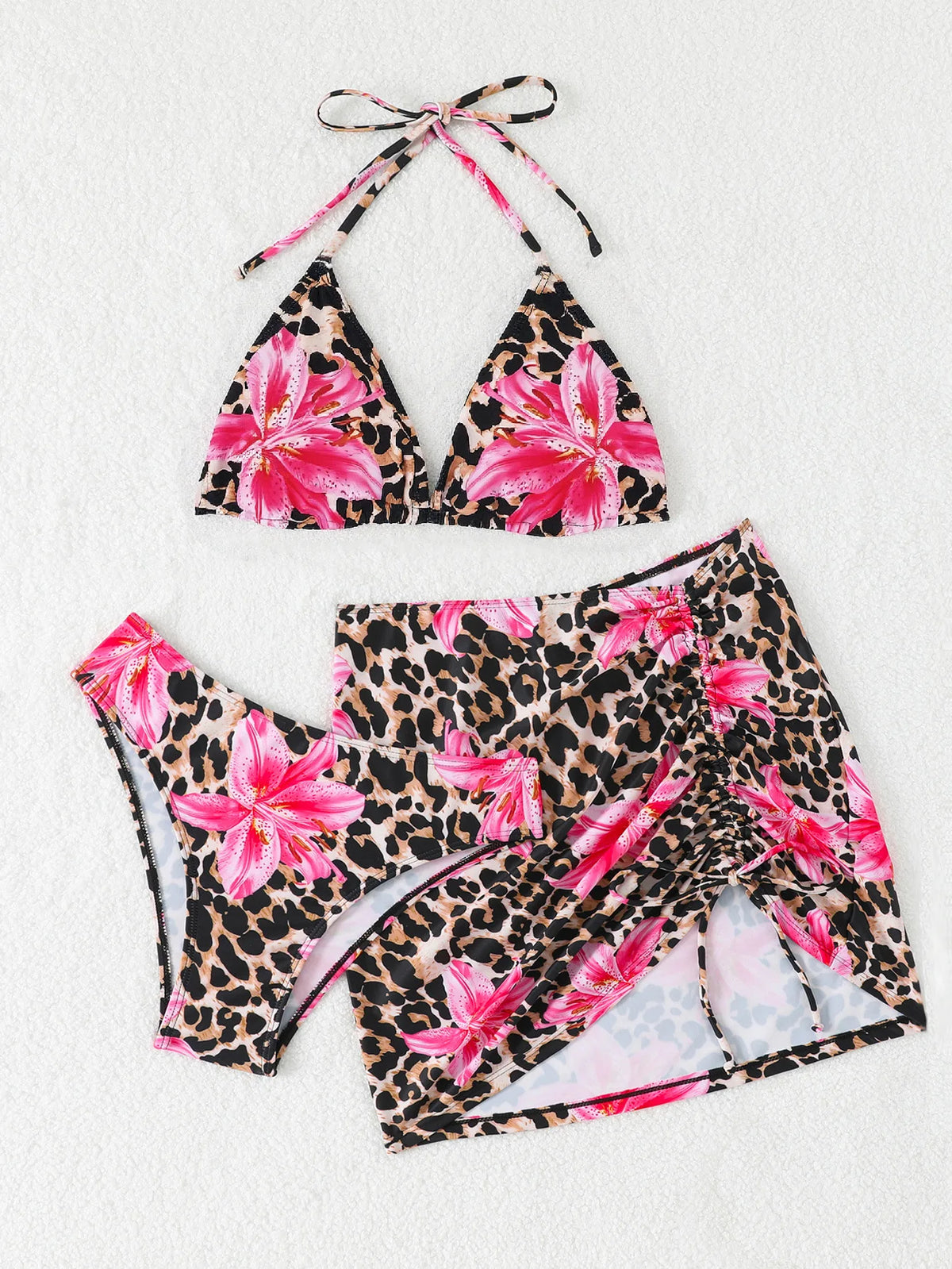 New Leopard 3 Pieces Push Up Bandeau Bikini Set Swimsuit Women Swimwear with Mesh Beach Sarong Skirts Floral Print Bathing Suit
