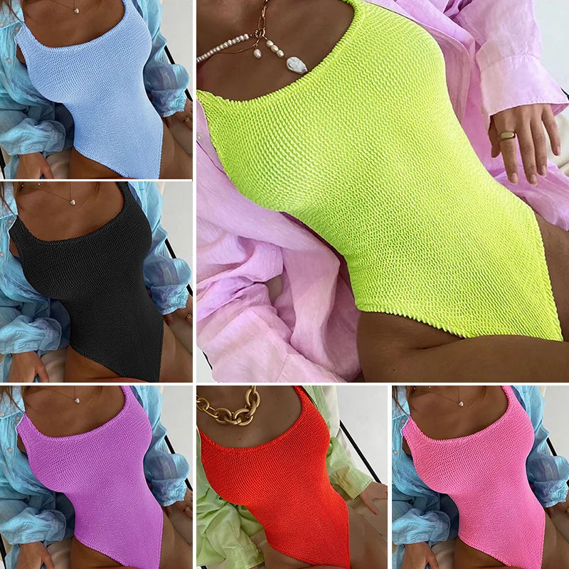 Candy Color One Piece Swimsuit Fabric Crinkle Cloth Wavy Strip Bikini for Women Fluorescent Pleated Cloth Swimwear