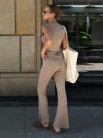 Solid Color Slim-fit Stretch Tank Top & Pants Set Sleeveless Casual Vest Outfit for Women