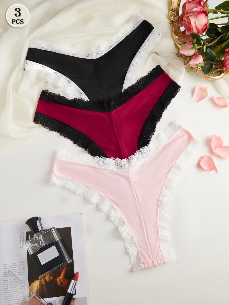 3pcs/Set Women's Low-Rise Triangle Panties French Lace Patchwork 2-Color Briefs Thin Gusset Chic Delicate Intimate Underwear