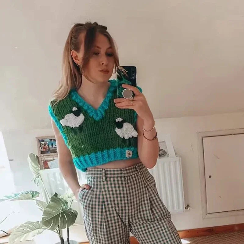 Foridol Sheep Knitted Sweater Vest Vintage Animal Sleeveless Blue Cropped Sweater Vest Waistcost 2025 Autumn Winter Tops