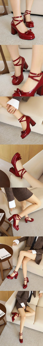 Big Size 43 Sweet Bow knot Mary Janes Shoes Cute Burgundy Ankle Strap Pumps Lolita Platform Block High Heels White Wedding Pumps
