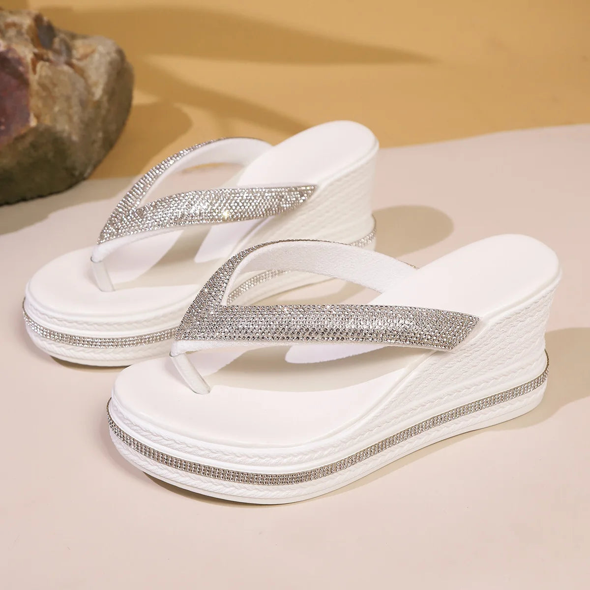 Women Wedges Flip Flops Summer Platform Shoes Indoor Street Bling Slippers Round Toe Mid-Heel Slip On Female Leisure Sandals