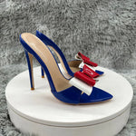 blue patent leather Pointy ToeSandals WithBow Women Summer Casual Thin High Heel Shoes Female Outfit Evening Cross Strap Mul
