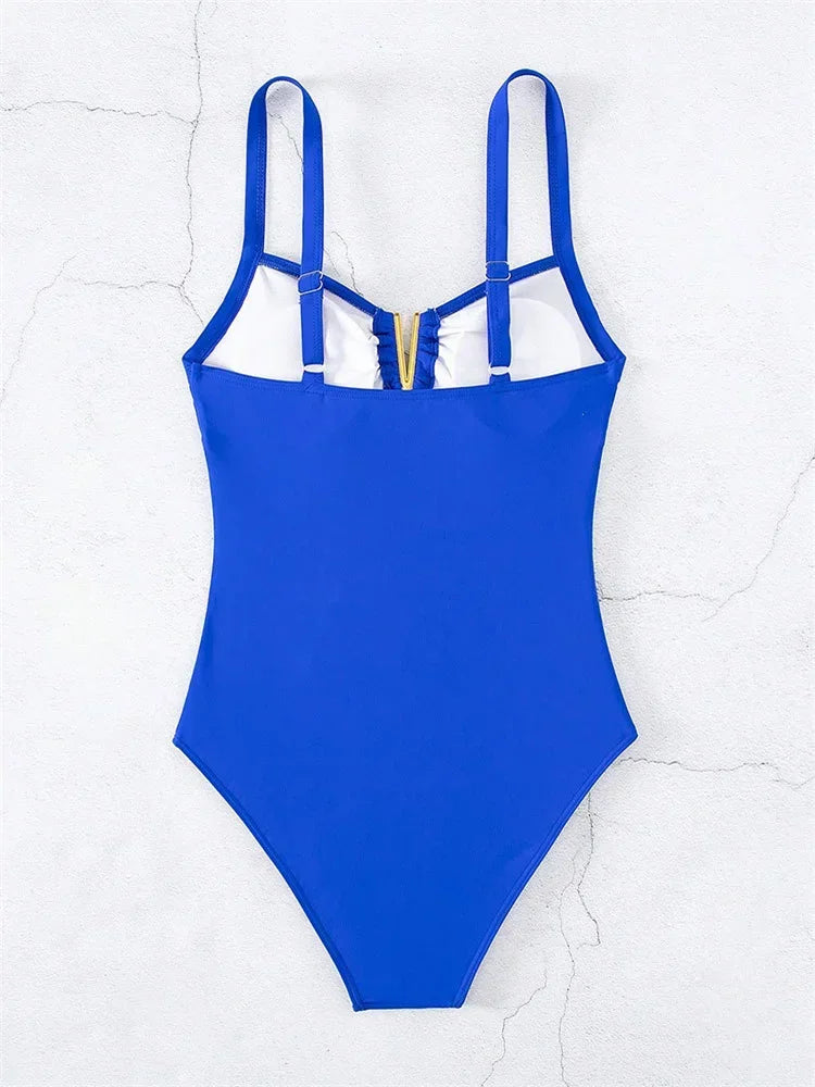 Sexy V Neck One Piece Swimsuit 2025 Mujer Women Black Hollow Out Pleate Tummy Control Swimwear Beach Bathing Suit Slim Monokini
