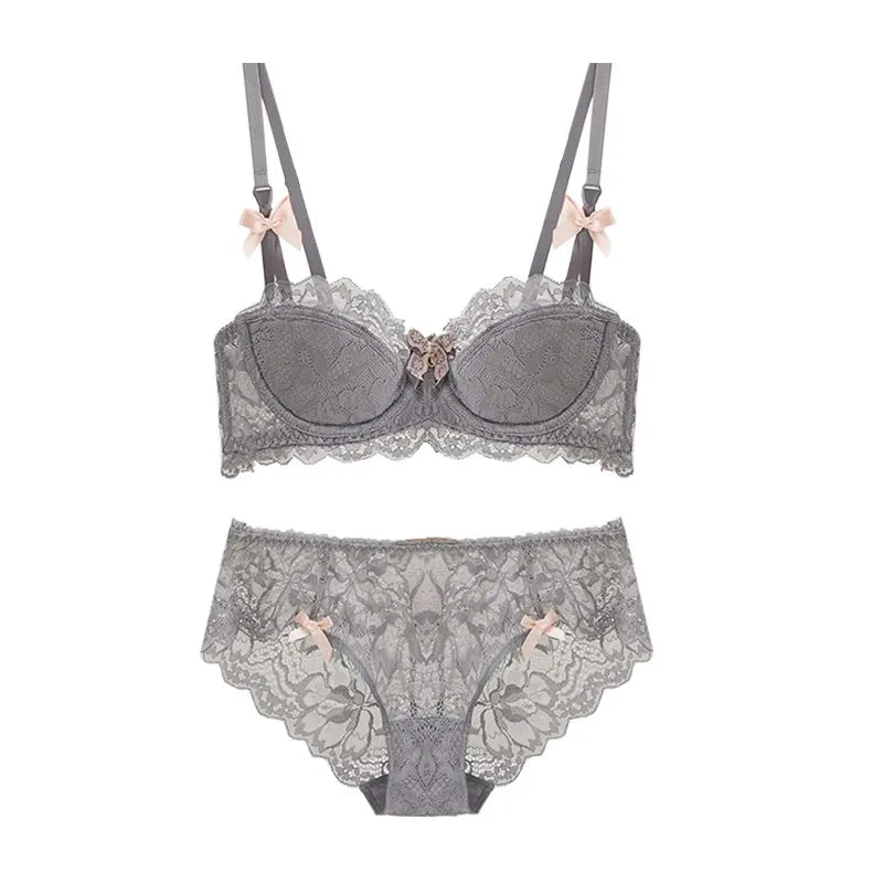 French Pure Desire Bralette AB Cup Wireless Lace Bra Set-Small Bust Push Up ComfortChubby Girl Bow Design Thin Fold Plus Size