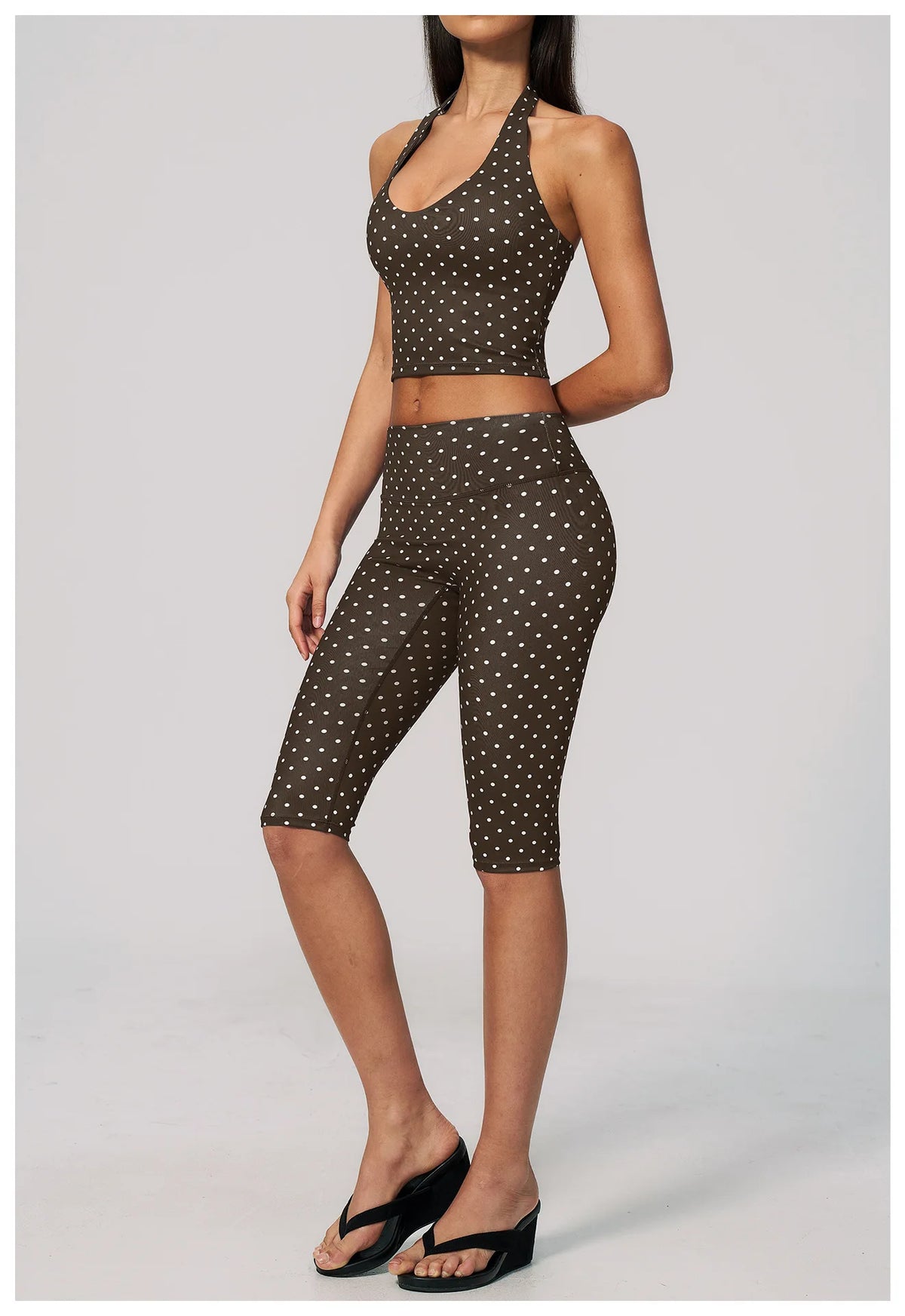 New Summer Women White Polka Dot Print Yoga Sets Hanging Neck Slim Sport Vest High Waist Mid Pants Gym Two-piece Workout Clothes
