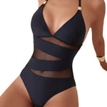 2025 Ruched Halter Swimsuit One Piece Swimwear Women Sexy Bathers Black Mesh Bathing Swimming Swim Suit Female V Neck Beachwear