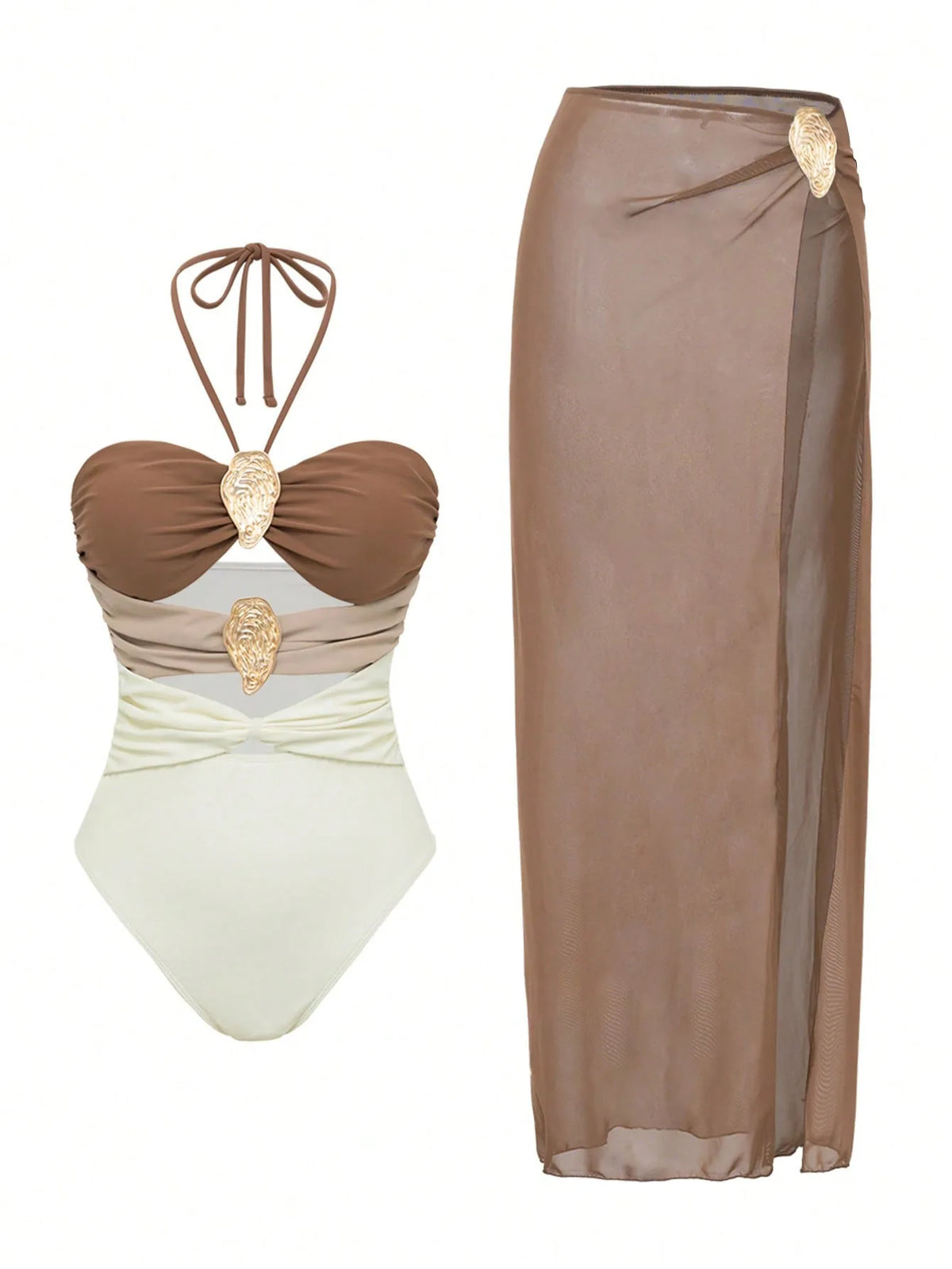 Vintage Brown Patachwork One Piece Swimsuit 2026 Women Sexy Hollow Out Backless Mesh Skirt Swimwear Set Summer Bathing Suits
