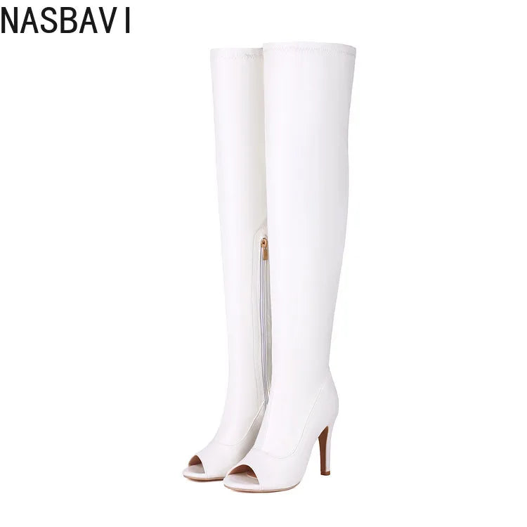 NASBAVI Super High Slim Heel Peep Toe Hollowed Boots Zipper Elastic Boots Leopard Print Flock Material Over The Knee Boots 35-48