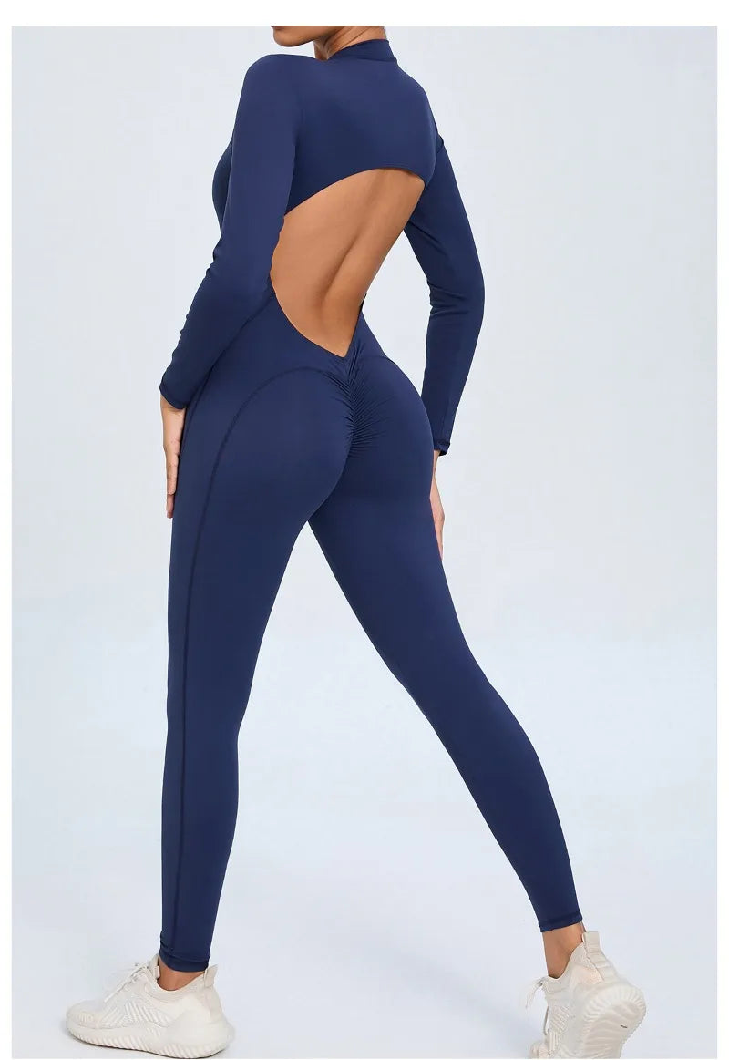 Women's Seamless Yoga Bodysuit Long Sleeve Zipper & Back Cutout Naked Feeling Quick-Dry Running Fitness Workout Jumpsuit
