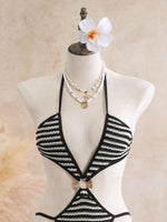 Sexy Black Stripe Knitted One Piece Swimwear Skirts Sets 2026 Women Metal Circle Hollow Out Backless Bathing Suit Thong Swimsuit