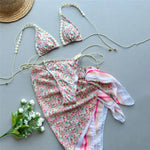 Beige Floral Print Micro Thong Bikinis Sets 3 Pieces Cover Ups Sexy Swimsuit String Halter Triangle Swimwear Holiday Biquinis