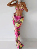Vintage Pink Floral Print Bikini Women Sexy Metal Ornament Push Up Thong Swimsuit 2025 Beach Bathing Suit Skirt 3 Piece Swimwear