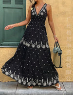 Bohemian Style Print Sleeveless Long Dresses Women Summer V-neck Backless Leace-up Slit Dress Casual Lady Vacation Vestidos