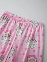 Women Satin Christmas Pajamas Sets Long Sleeve Santa Claus Print Tops with Elastic Waist Pants Two Pieces Sleepwear