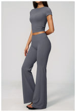 Creamy 2 Pieces Workout Suit Women Yoga Outfits Short Sleeve O Neck Slim Sports T Shirts High Waist Flare Pants Gym Fitness Sets