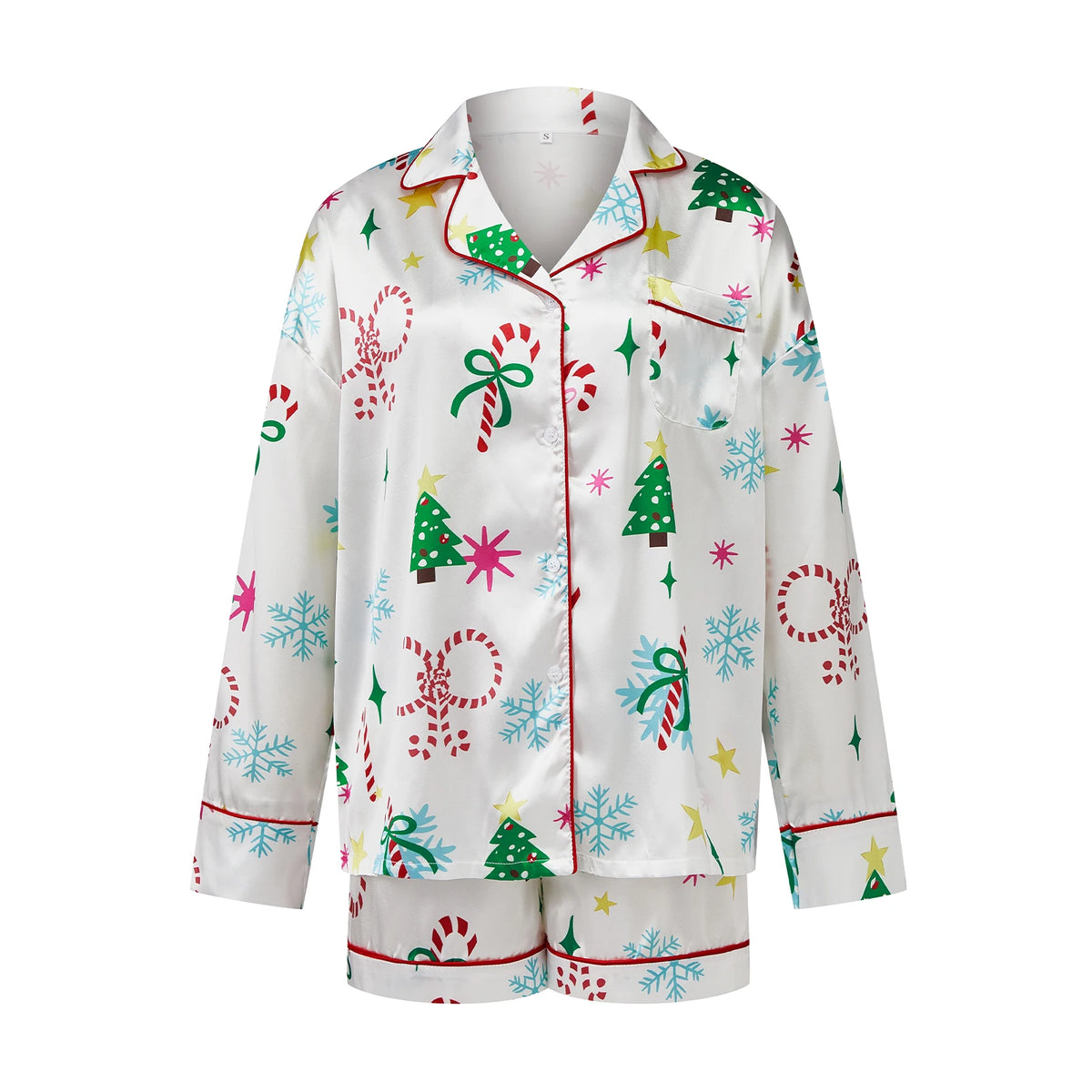 Women's Christmas Satin Pajama Set Long Sleeve Lapel Santa Claus/Christmas Tree Print Shirt Shorts Two Pieces Sleepwear