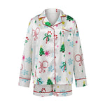 Women's Christmas Satin Pajama Set Long Sleeve Lapel Santa Claus/Christmas Tree Print Shirt Shorts Two Pieces Sleepwear