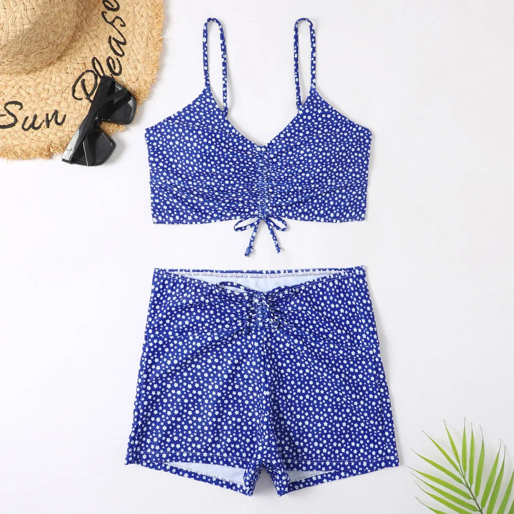 High Waist Bikini Swimsuit Women 2024 Floral Print Swim Suits Drawstring Front Shorts Boxers Swimwear Trunks Pool Bathing Suit