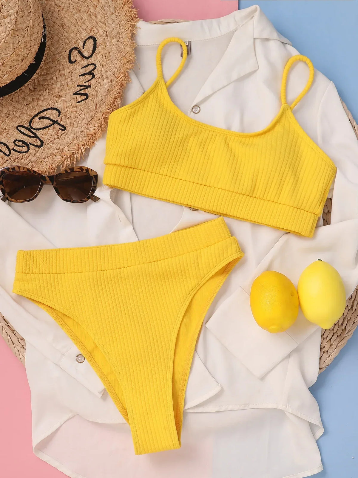 Sexy Solid Yellow Bikini 2026 Mujer High Cut Pleate Women's Swimsuit Separate Beach Bathing Suit High Waist Swimwear Biquini New