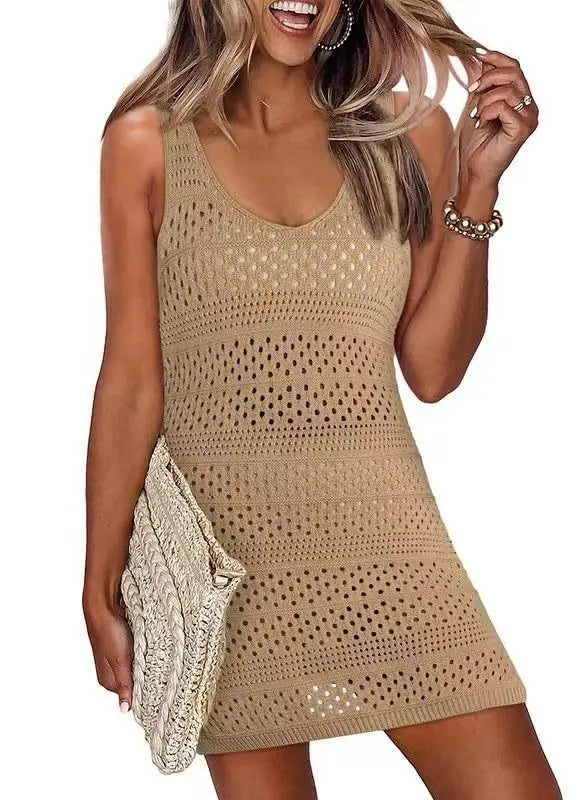 Summer Vest Beach Dresses Women Solid Color Hollow Out Knitted Beachwear Fashion Casual Lady Vacation Mini Dress Female 2025 New