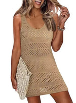 Summer Vest Beach Dresses Women Solid Color Hollow Out Knitted Beachwear Fashion Casual Lady Vacation Mini Dress Female 2025 New