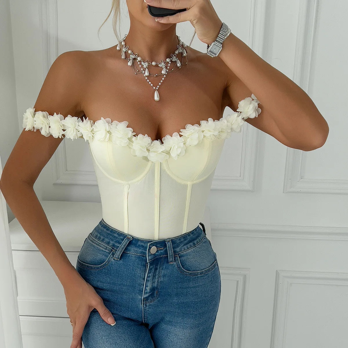 Sexy 3D Flower Lace Bodysuit Women Yellow Ruffles Off Shoulder Sleeveless Underwire Slim Fit Fishbone Sheer Corset Jumpsuit
