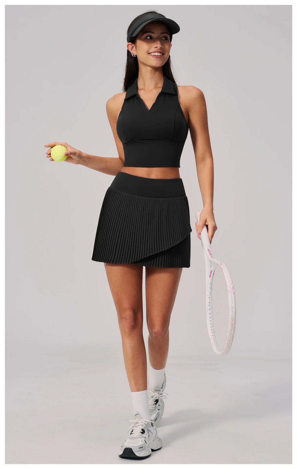 Women's Tracksuit Yoga Set 2 Pieces High Waist Pleate Pocket Skort Fitness Suit Turn Down Collar V Neck Slim Tank Top Sporstwear