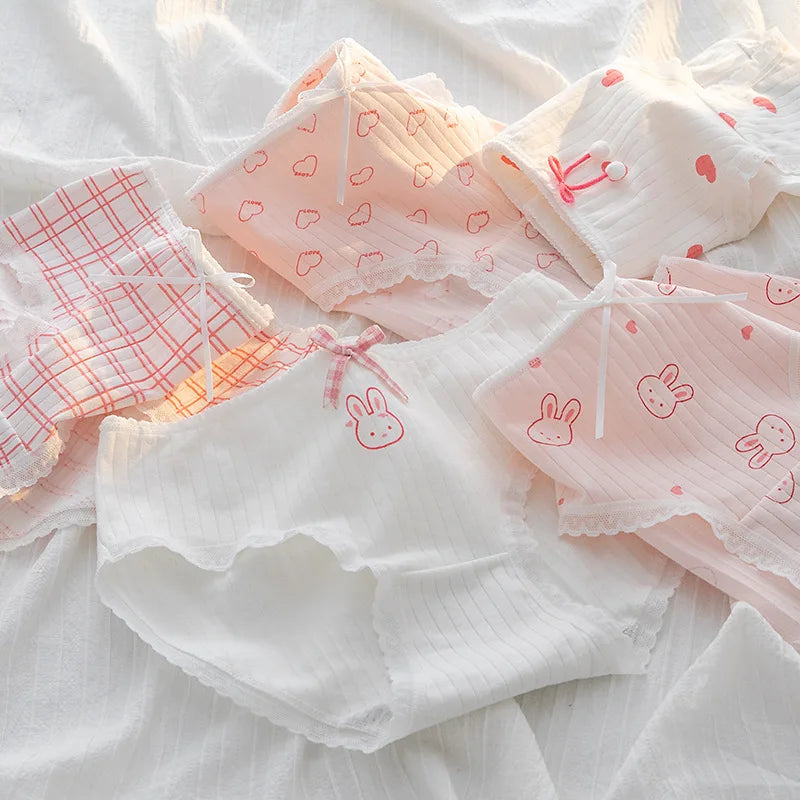 5Pcs/Set Cute Rabbit & Heart Briefs Women's Sweet Style Cotton Panties Mid-Rise Breathable Underwear Cotton Lingerie M-XL