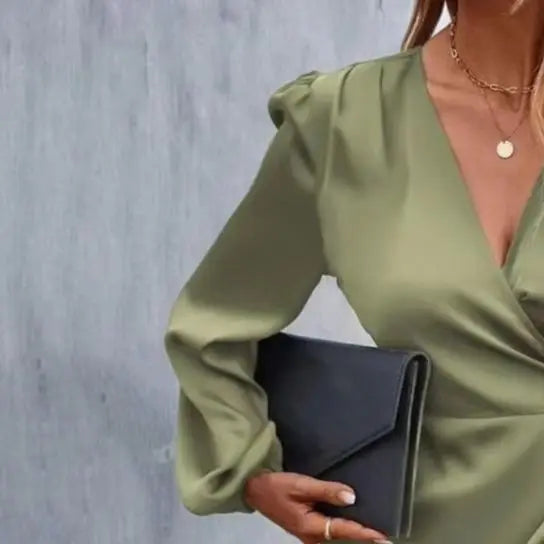 Smooth Satin Ruffle Trim Dress Women Mini Dress V-Neck Lantern Long Sleeve Side Lace-up Dress Solid Color