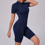 Summer Zipper Short Sleeve Yoga Jumpsuit Women Outerwear Sports Fitness Hip-lifting Backless One-piece Workout Gym Tracksutis
