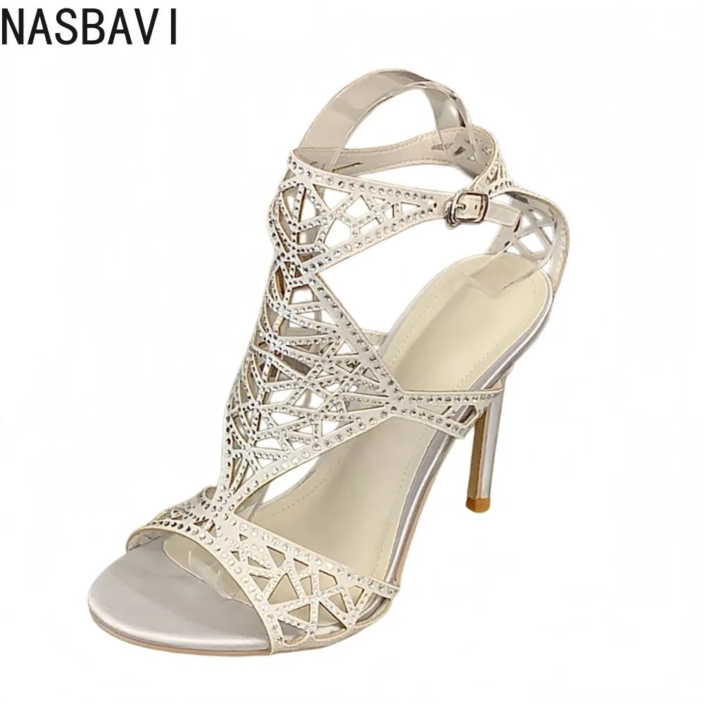 Women Sexy Fishmouth Hollow out Toe High Heels Rhinestone Sandals Fashionable Model Roman Dress Ankle Punk Sandals New 2026