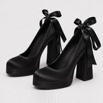 Size 42 Elegant Pink Satin Platform Block Heel Pumps Black Ribbon Wrap Ballerina Bow Wedding Party Dress Heels Shoes Women