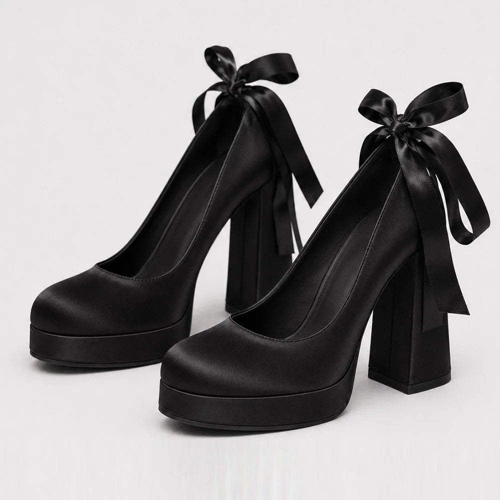 Size 42 Elegant Pink Satin Platform Block Heel Pumps Black Ribbon Wrap Ballerina Bow Wedding Party Dress Heels Shoes Women