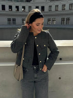 Foridol Tweed Knitted Dark Grey Blazer Coat Women Autumn Winter Gingham Short Coat Office Lady Vintage Buttons Veste