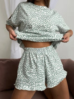 2025 New Women's Pajama Set T-shirt Shorts 2-piece Set Soft and Comfortable Shorts Ruffled Underwear Leopard Pattern Pajama Hot