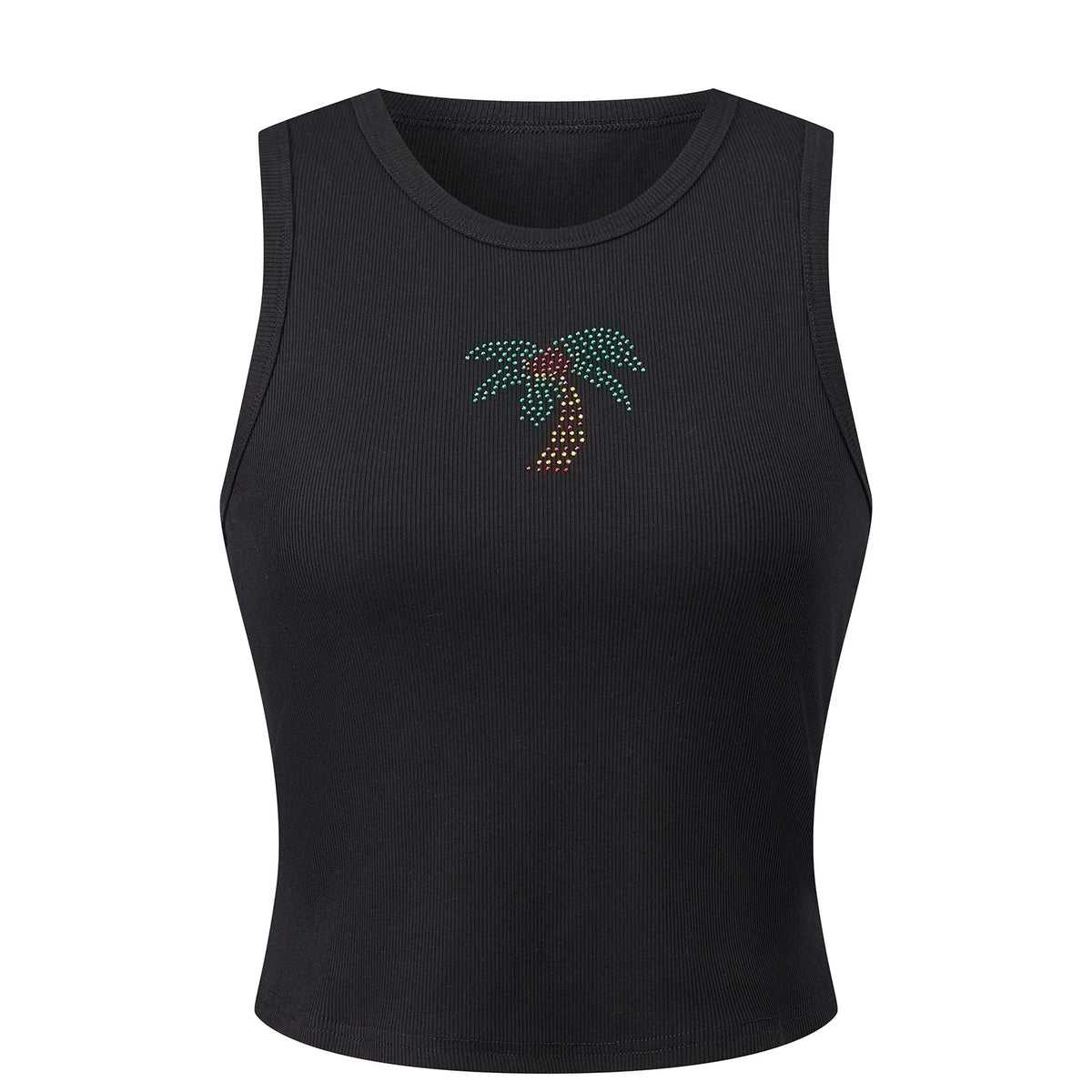 Summer Women's Tank Tops Rhinestone Printed Sleeveless Round Neck Ribbed Vest for Beach Club Daily Out Going Wear
