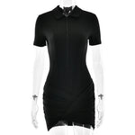 FDYOUI Women's Polo Collar Zip-up Jumpsuit Dress Chic Short Sleeve Folds Solid Bodysuits One Piece Yoga Fitness Sporty Playsuits