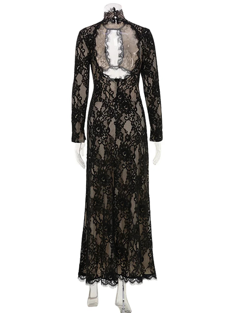 Summer Maxi Dress Women Sexy Sheer Lace Hollow Out Long Sleeve Floral Split Slim Bodycon Solid Casual Beach Party Club Vestidos