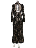 Summer Maxi Dress Women Sexy Sheer Lace Hollow Out Long Sleeve Floral Split Slim Bodycon Solid Casual Beach Party Club Vestidos