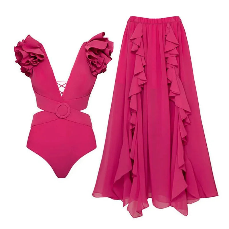 2026 Women Swimwear 2PC Cover-up Swimsuit Ruffle Solid Printed Deep V One-piece Monokini Kimono Bikini Suit Summer Beachwear