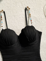 Vintage Blue Wave One Piece Swimwear Women 2026 Beading Strap Push Up Underwire Tummy Control Bathing Suit One Piece Swimsuit
