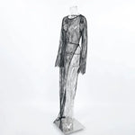 Woman Clothing 2026 O-neck Hollow Out High Slit Long Maxi Lace Dress Black Streetwear Ladies See-through Black T-shirt Dresses
