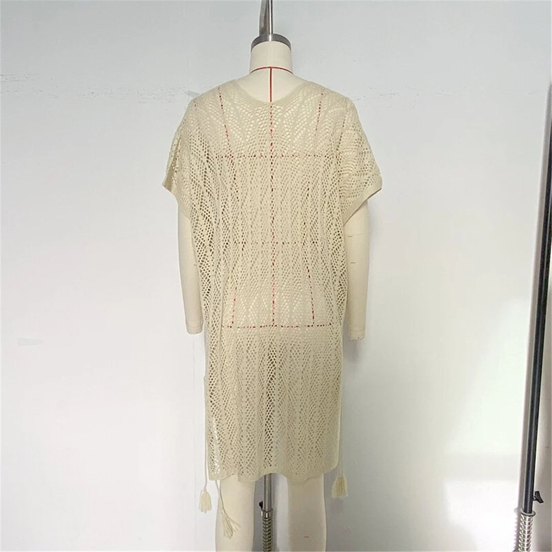 Sexy Short Sleeve Hollow Out Crochet Knitted Tunic Beach Cover Up Cover-ups Beach Dress Beach Wear Beachwear Female Women K6686