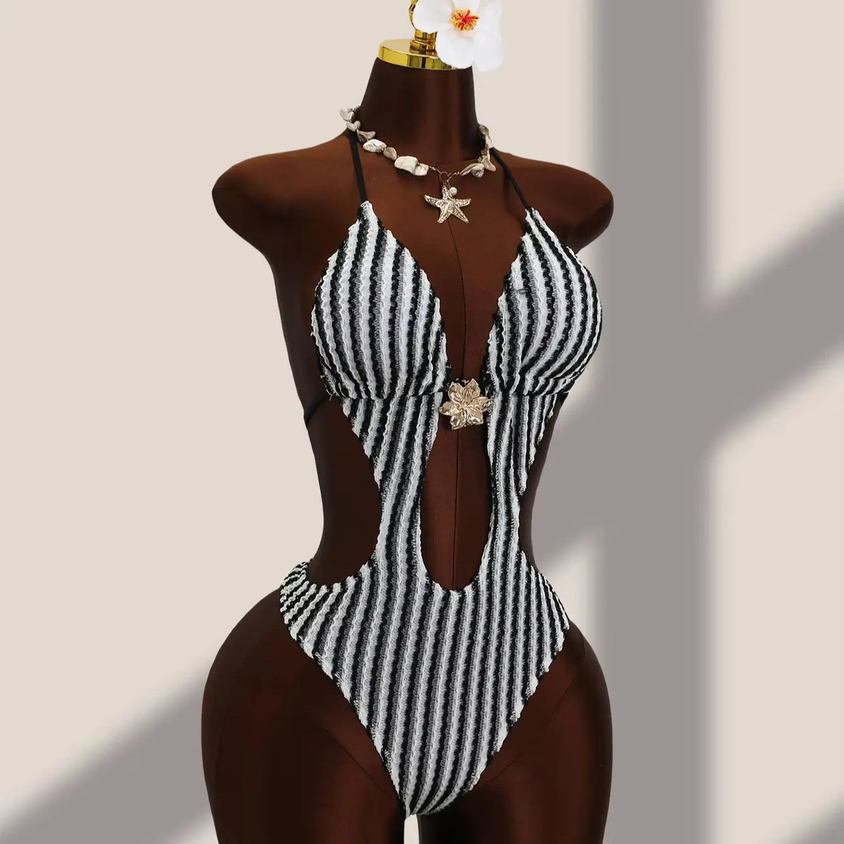 DEKA Striped Deep V Neck Halter One Piece Swimsuit Women Backless Swimwear Female High Leg Cut Monokini Bather Bathing Suit Swim