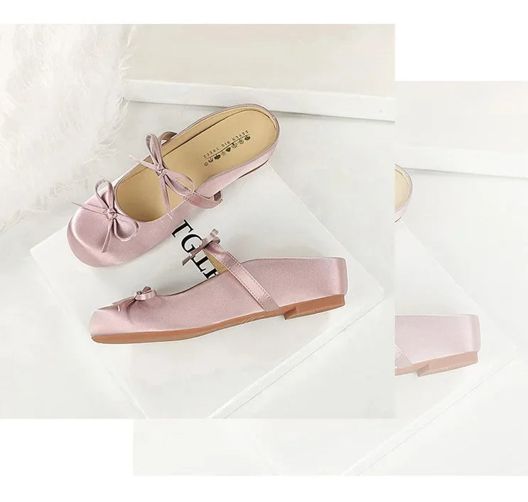 BIGTREE Satin Bow With One Strap With Shallow Mouth Half-Tugging Women's Hollow Inner Heightened Round-Head Sandals Comfortable